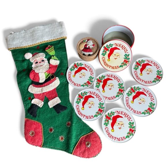 Vintage Santa, Coaster set, Stocking, Porcelain Santa Candle - Picture 1 of 17